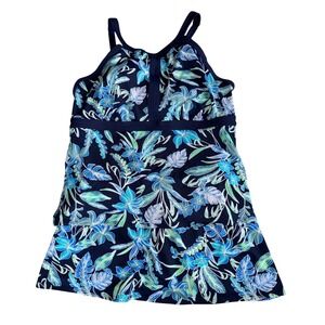 Lands End Womens Floral Tankini Top 16 DDD and Swim Skirt 16 Navy Blue Set